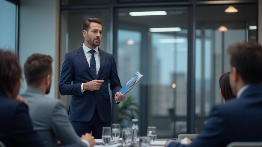 Профессиональный спикер проводит презентацию перед корпоративной аудиторией в современном конференц-зале