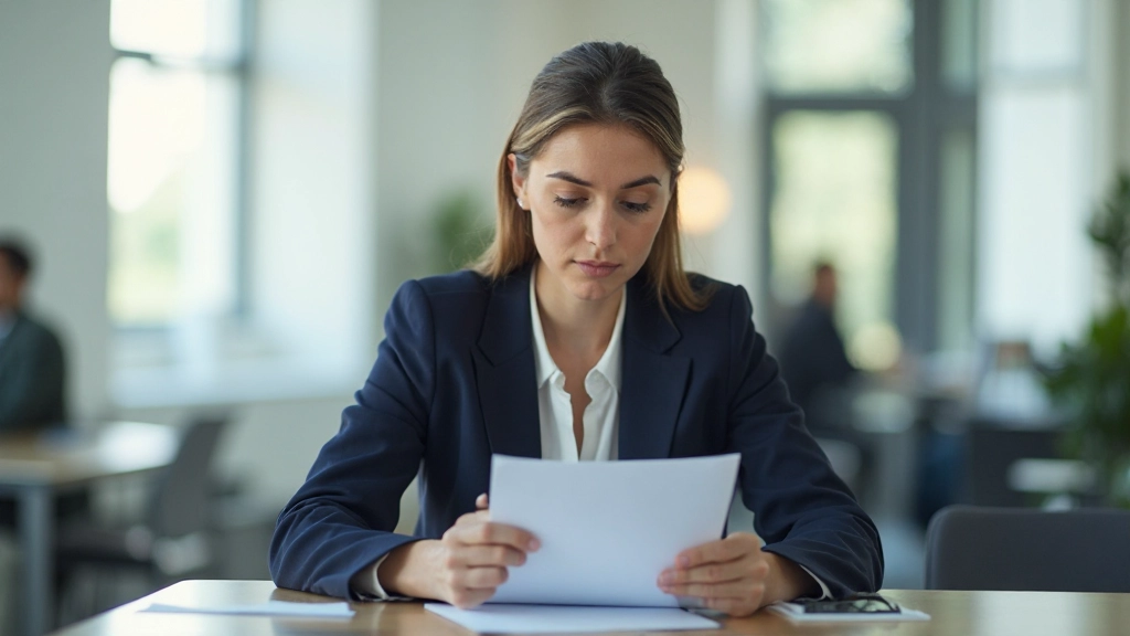 Бизнесменка подготавливается к презентации, изучая заметки в офисной среде перед выступлением