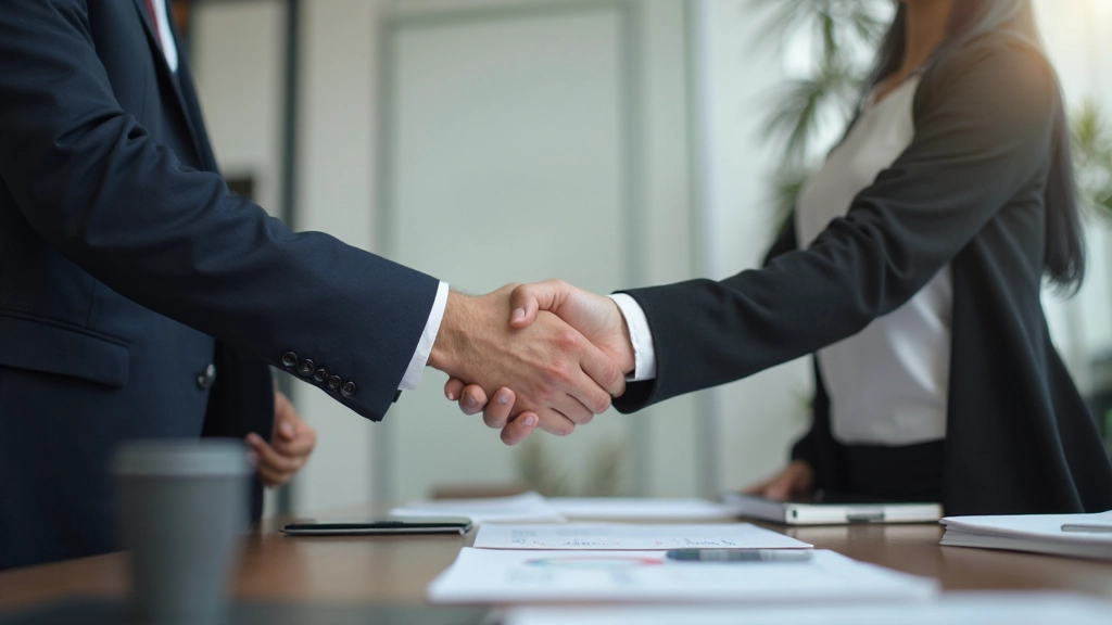 Два профессионала обсуждают контракт и пожимают друг другу руки в офисе