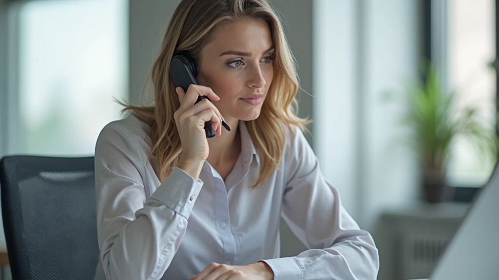 Профессиональный деловой звонок, женщина с наушниками говорит по телефону в офисе